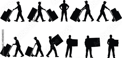 Set of warehouse worker silhouettes showing manual handling, pushing carts, carrying boxes, logistics labor poses isolated on white background