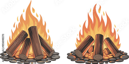 Campfire illustration with burning wood logs and flames isolated on white background vector design for outdoor camping adventure concept