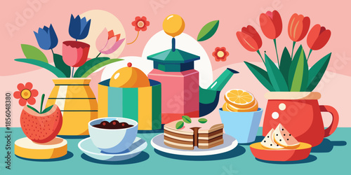Colorful still life of breakfast and tulips food drink