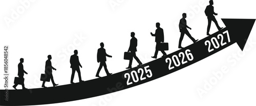 Business Growth and Career Progression Concept toward 2025, 2026, and 2027 with Silhouette People Walking on Upward Arrow