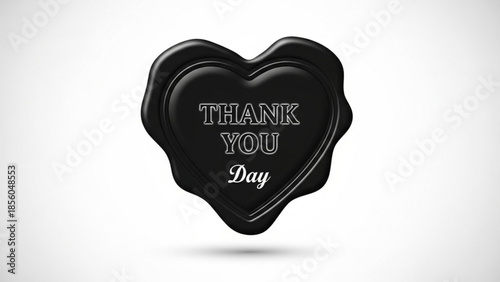 Black heart shaped wax seal with thank you day message on white background for appreciation and gratitude