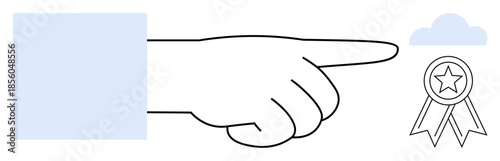 Achievement, guidance, recognition, awards, decision-making, direction. Minimal design showing a hand pointing to a badge with a star next to a cloud. Achievement and guidance concept