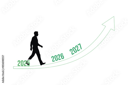 Business Growth and Career Progression Concept toward 2025, 2026, and 2027 with Silhouette People Walking on Upward Arrow