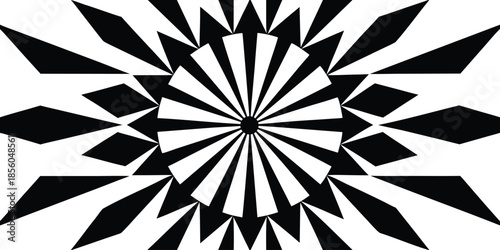 Black and white radial geometric pattern with sharp triangular shapes