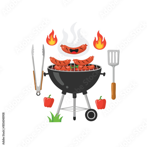 BBQ Grill Cartoon Sausages Spatula and Tongs Vector