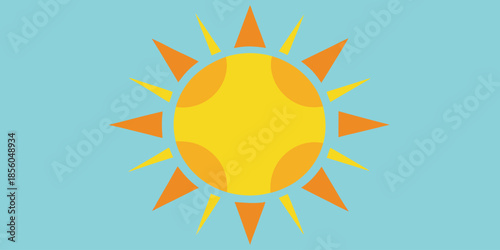 Yellow sun with orange and yellow triangular rays on blue background