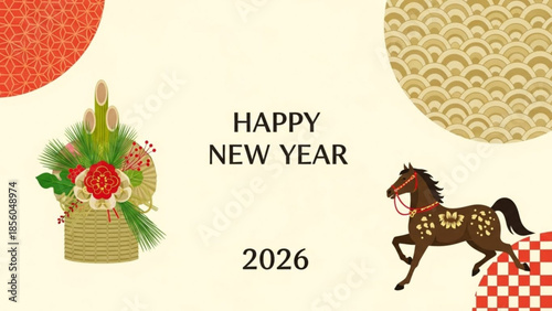 Happy new year 2026 celebration with traditional japanese horse and floral decoration
