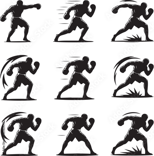 Dynamic boxing poses collection with powerful punches and movements