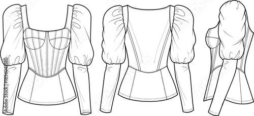 Women puff sleeve corset top fashion technical sketch showing front back side views cad drawing flat vector illustration