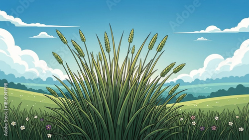 A large green grassy hill with white and pink flowers and tall green plants with green and yellow tops under a blue sky with white clouds