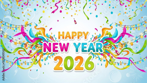 Vibrant happy new year 2026 celebration with colorful confetti ribbons and lights on blue background