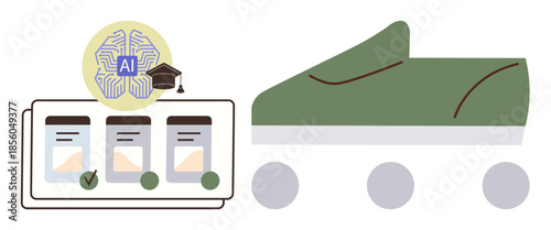 AI brain with graduation cap above a data interface, nearby autonomous vehicle symbolizing smart tech. Ideal for AI, automation, education, transportation, innovation, technology progress. Simple