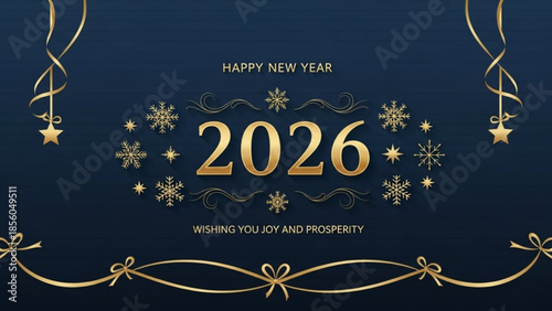 Happy new year 2026 gold snowflakes and stars on dark blue background with ribbons and bows wishing joy and prosperity