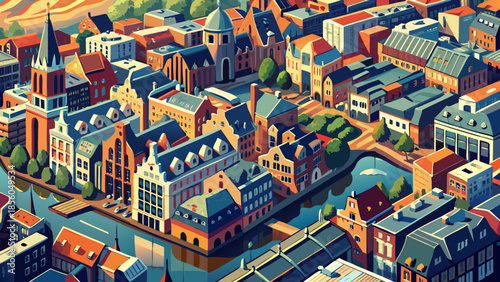 Very beautiful aerial view of Utrecht blending historic and modern buildings, revealing dense urban textures, canals, and rooftops that reflect the city’s rich architectural evolution in the Netherlan