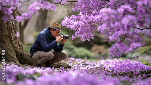 Figure with camera entering blossom-filled garden, petals forming natural carpet, photography enthusiast, serene setting, spring scenery, with copy space