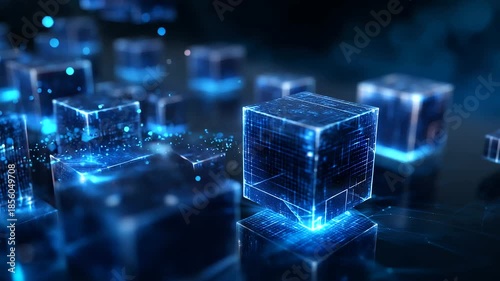 Futuristic abstract digital background featuring glowing blue cubic structures and data particles, technology innovation concept, big data visualization, AI theme, defocused depth,