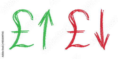 Hand drawn british pound currency symbol Growth and fall profit with arrow up and down Brush stroke doodle Element for design