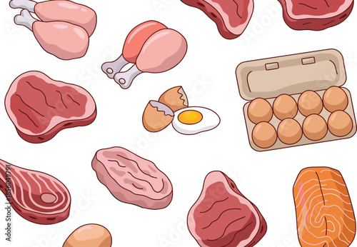 Hand drawn meat and protein food set illustration, with beef chicken salmon eggs cartoon style nutrition design healthy kitchen background