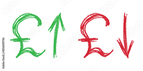 Hand drawn british pound currency symbol Growth and fall profit with arrow up and down Brush stroke doodle Element for design