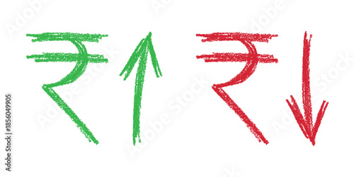 Hand drawn rupee currency symbol Growth and fall profit with arrow up and down Brush stroke doodle Element for design