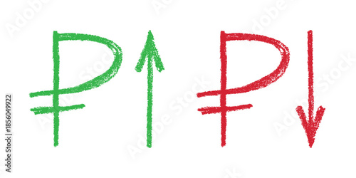 Hand drawn russian ruble currency symbol Growth and fall profit with arrow up and down Brush stroke doodle Element for design