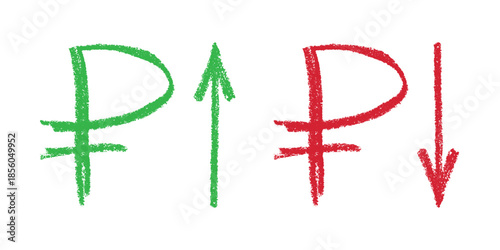 Hand drawn russian ruble currency symbol Growth and fall profit with arrow up and down Brush stroke doodle Element for design