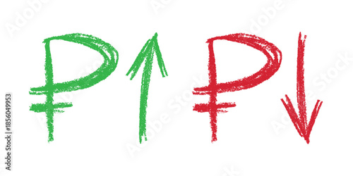 Hand drawn russian ruble currency symbol Growth and fall profit with arrow up and down Brush stroke doodle Element for design
