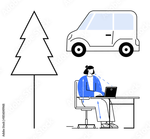 Work concept. A professional sitting at a desk with a laptop tasks production focus and posture analysis. Work combines ergonomics and professional productivity. For workplace, learning, business