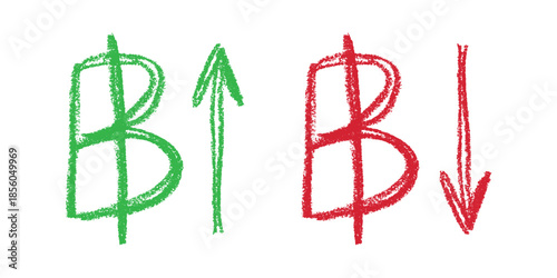 Hand drawn thai baht currency symbol Growth and fall profit with arrow up and down Brush stroke doodle Element for design