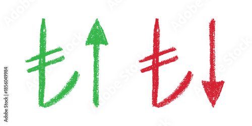 Hand drawn turkish lira currency symbol Growth and fall profit with arrow up and down Brush stroke doodle Element for design