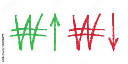 Hand drawn won currency symbol Growth and fall profit with arrow up and down Brush stroke doodle Element for design