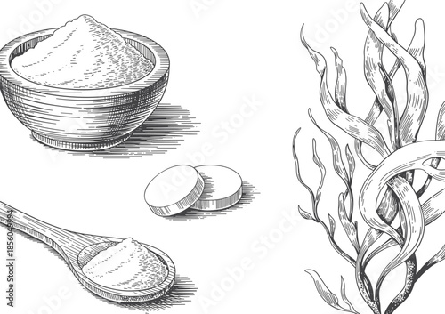 Hand drawn sea salt illustration, with bowl spoon tablets and seaweed black and white vintage engraving style culinary natural design