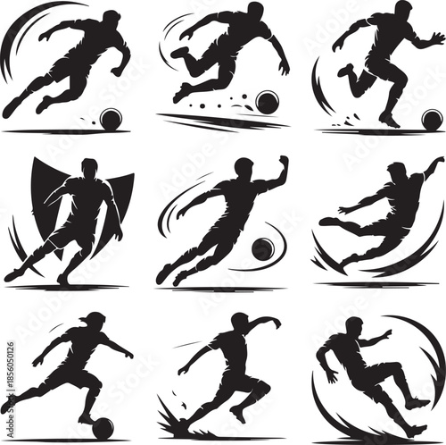 Dynamic soccer player actions and movements in various poses
