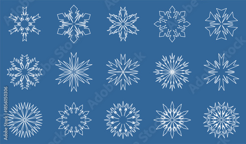 15 imaginative snowflake shapes to complete your winter background isolated on blue background, vector