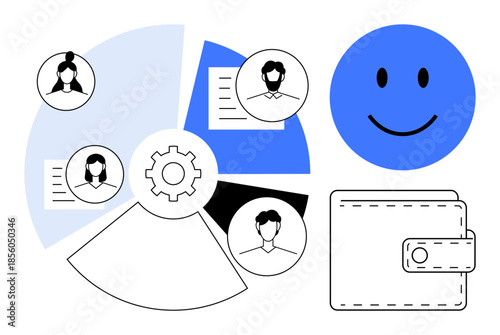 Team collaboration concept. Team collaboration ed by pie chart, user profiles, gear icon, and wallet symbol. Team collaboration for productivity, workflow, human resource management, teamwork
