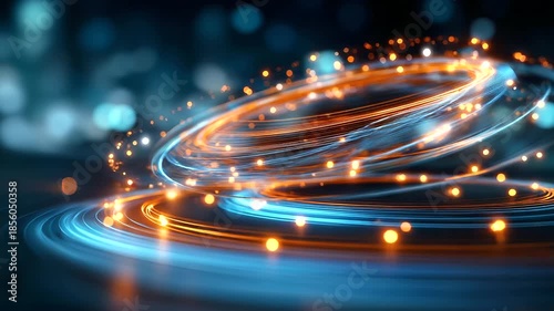 Futuristic digital circuit with glowing orange and blue light trails, spiral pattern formation, technology concept background, bokeh effect and depth of field defocused, with copy