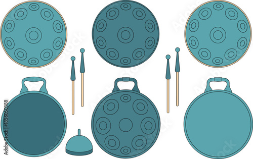 Handpan steel drum illustration set, percussion musical instrument parts, isolated flat vector design, modern minimal style, sound healing concept