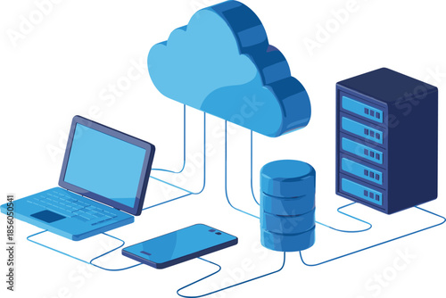 Isometric cloud computing infrastructure illustration, with server database laptop smartphone network connections technology concept for data storage hosting and digital security