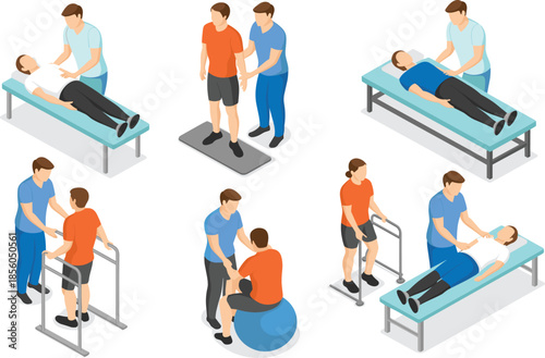 Isometric physiotherapy rehabilitation illustration, showing therapist assisting patients with exercise treatment