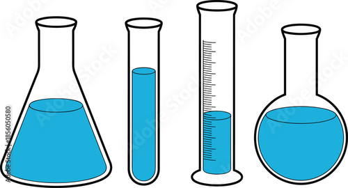 Laboratory glassware illustration, chemistry equipment set, flask, test tube, graduated cylinder, round bottom flask, science experiment, blue liquid