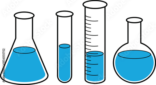 Laboratory glassware illustration, chemistry equipment set, flask, test tube, graduated cylinder, round bottom flask, science experiment, blue liquid