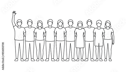 A diverse group of ten people stands together in a line, with one person raising their hand in a friendly wave, representing unity and community.