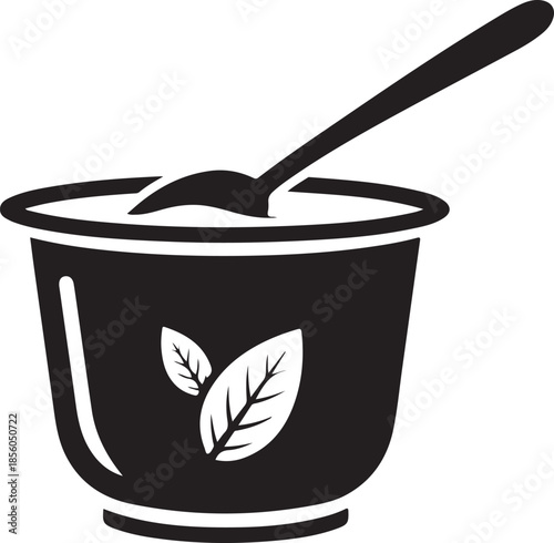 Black and white illustration of a cup of yogurt with leaves and a spoon vector