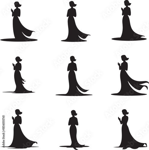 Elegant silhouette illustrations of women in long dresses posing gracefully