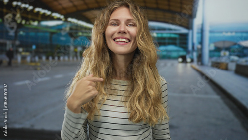 фотографія Woman shows her finger while pointing at herself in an airport terminal as a blonde young traveler with a smile and friendly gesture appearing happy about travel