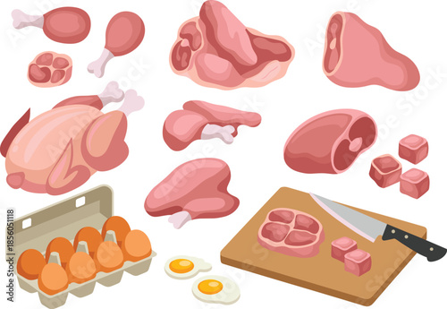Raw meat and eggs illustration set with chicken beef pork cuts drumsticks steak kitchen preparation elements isolated white background