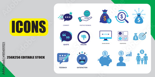 Various business and finance icons including money bag, piggy bank, graph, target, and customer feedback