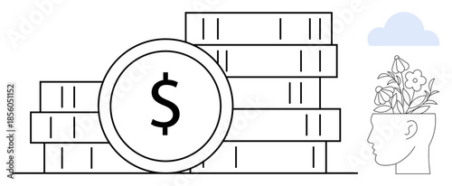 Stacked coins with dollar sign representing wealth, a head growing flowers symbolizing creativity and mental health. Ideal for finance, investment, sustainability, innovation, well-being
