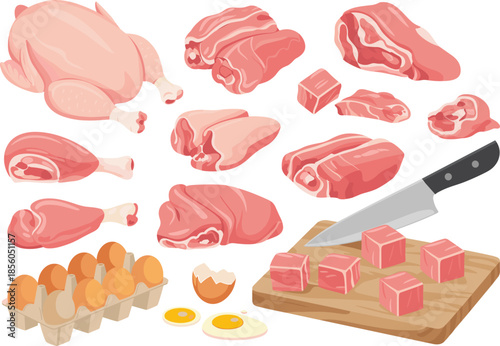 Raw meat and eggs illustration set with chicken beef pork cuts drumsticks steak kitchen preparation elements isolated white background
