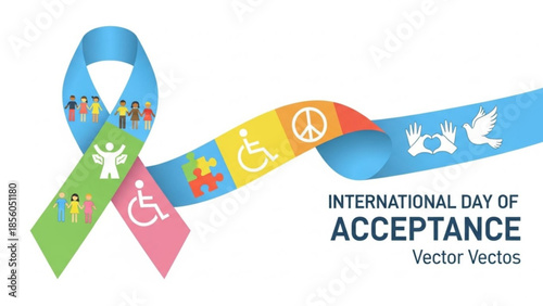 International day of acceptance awareness ribbon with diversity, peace, and disability symbols, promoting inclusivity and social unity